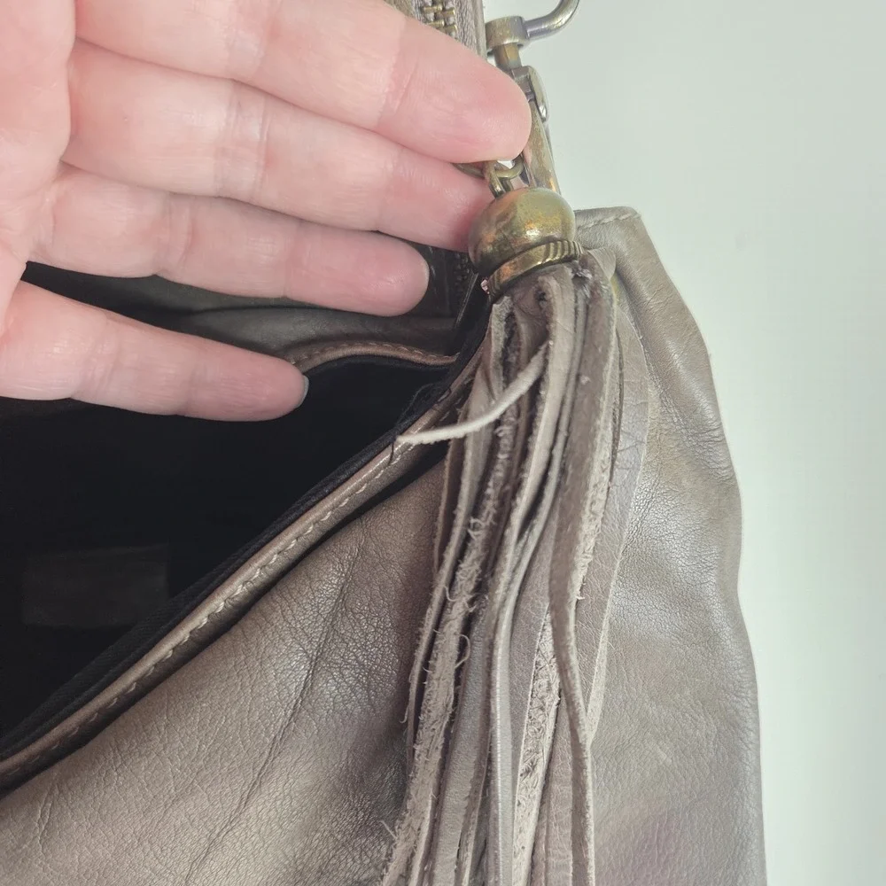 Italian Gray Genuine leather fold over boho shoulder crossbody bag Hippe Tassle